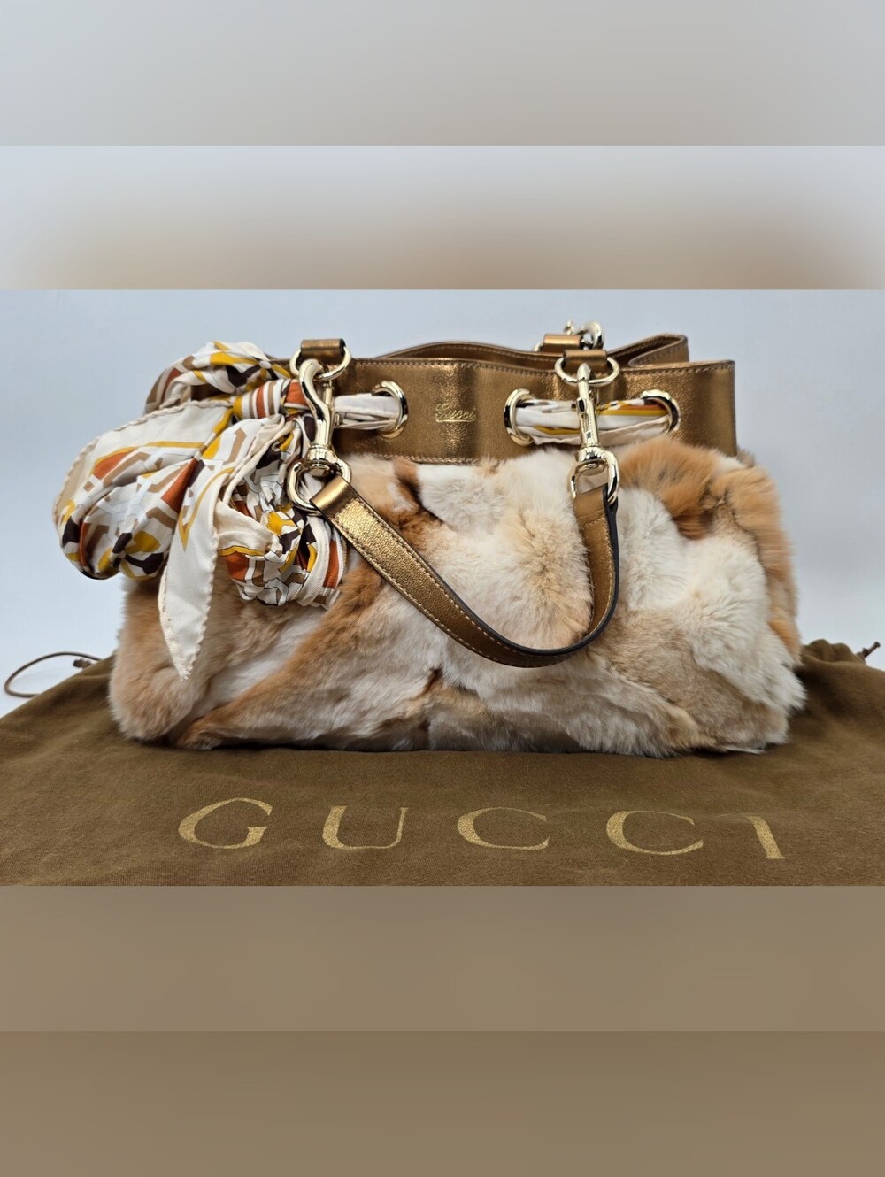 Vintage Gucci Medium Positano Tote Rabbit Fur Silk Scarf Tie 162879 RARE